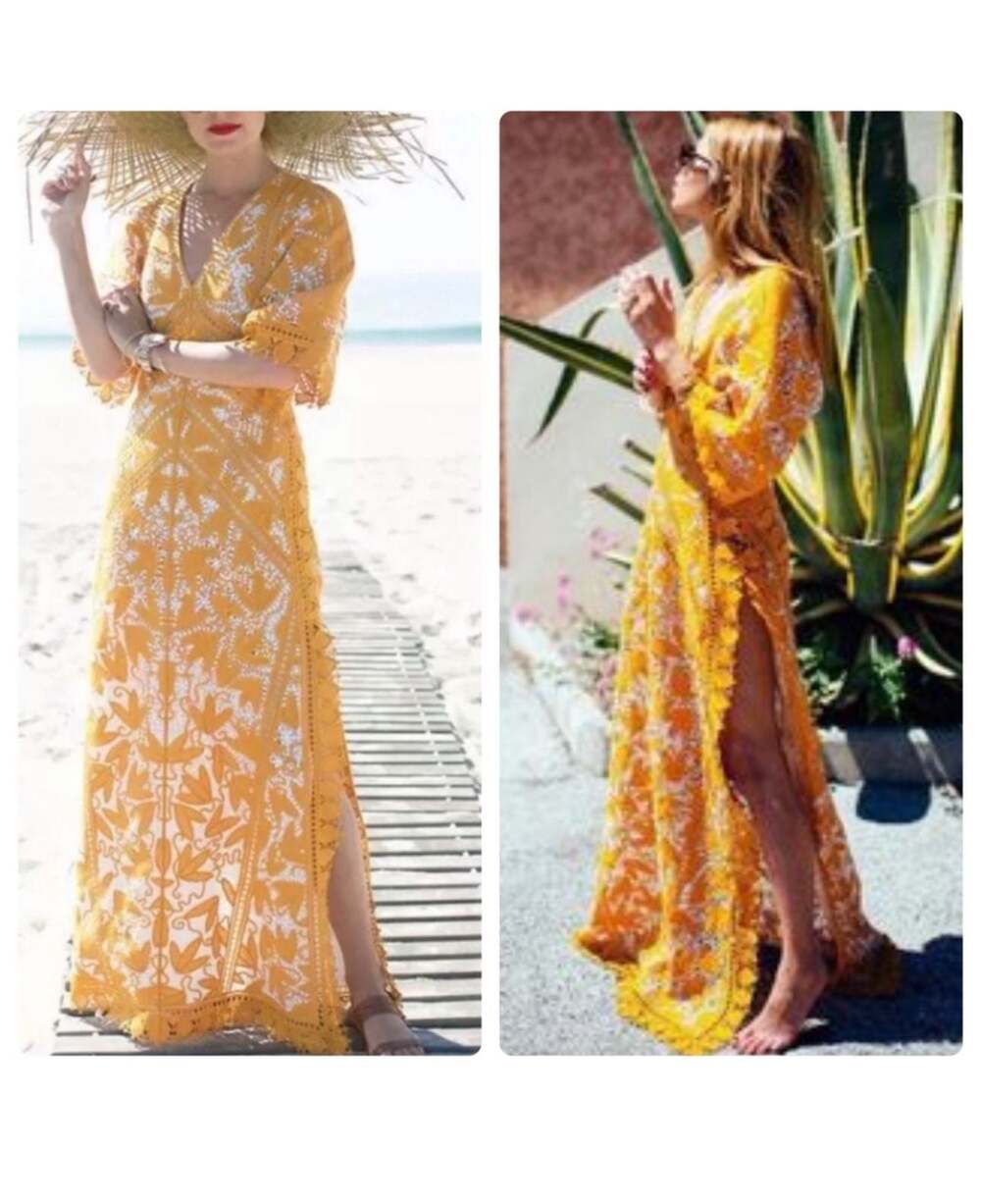 OSHOPLIVE Women's Yellow Bohemian Lace Maxi Dress size Small NWT
